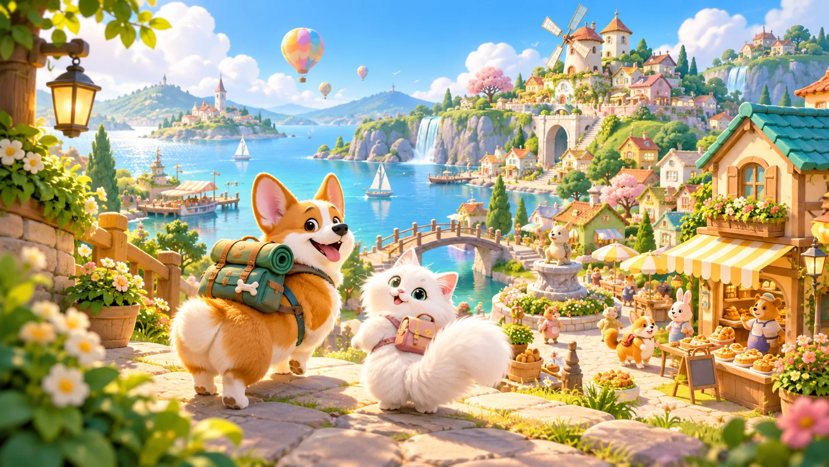 Original pets and cozy town life game world artwork